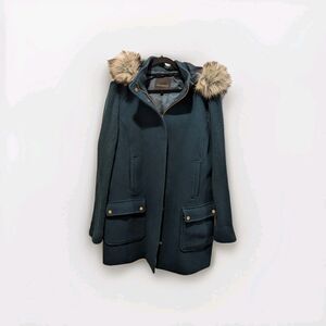 Talbots Size 16 Green Jade Wool Blend Coat Removable Faux Fur Hood